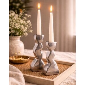 Retroneu Taper Candlestick Holders Set 4" 6" Modern Sculptural Metal Pair Wavy